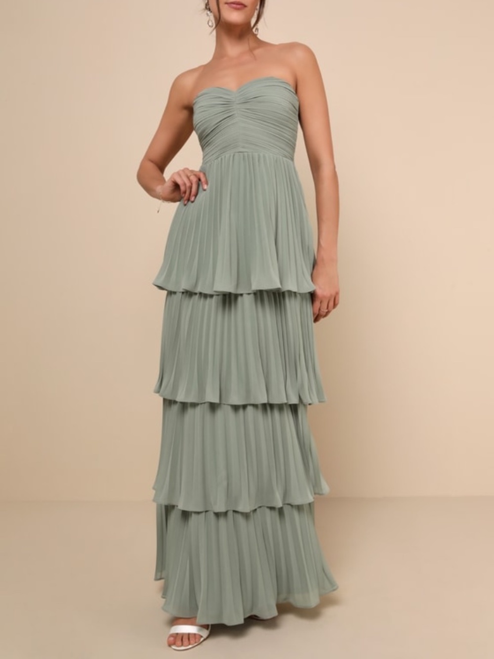 Lulus Seriously Sensational Sage Brush Strapless Tiered Maxi Dress Green